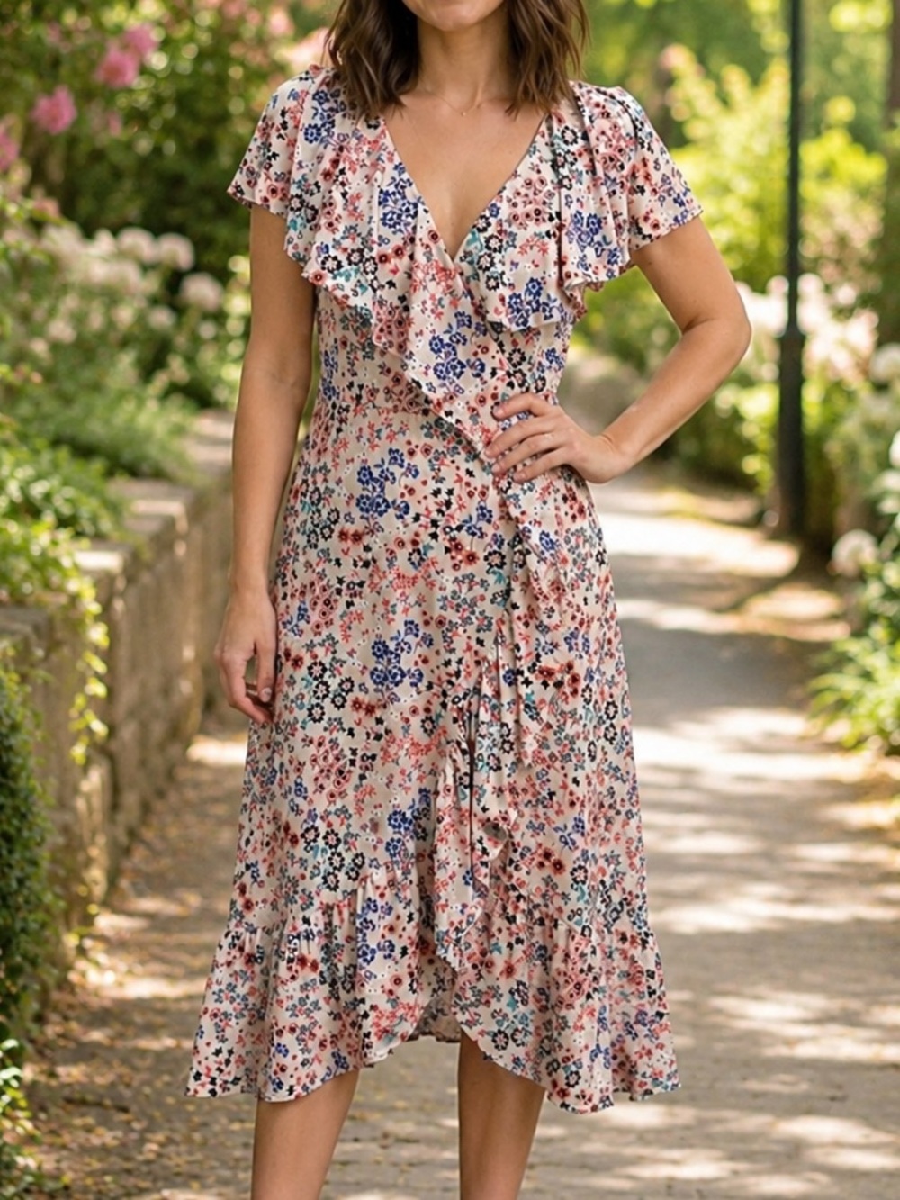Hale Bob Cream Floral Midi Dress Small